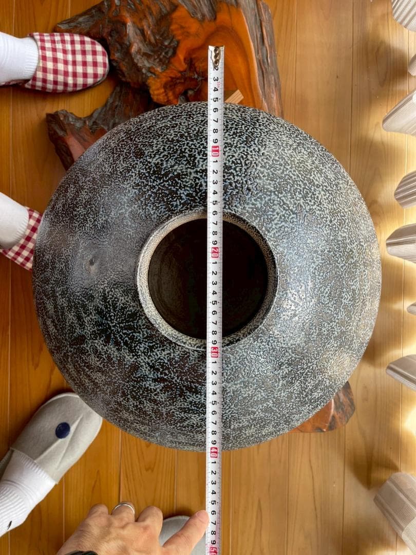 一の瀬焼丸太窯 木製台座付き 作家名サインあり