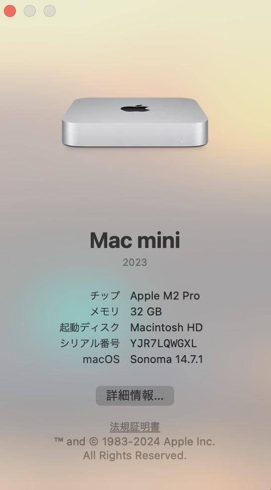 Mac mini 2023 M2 Pro 1TB SSD RAM 32GB 中古