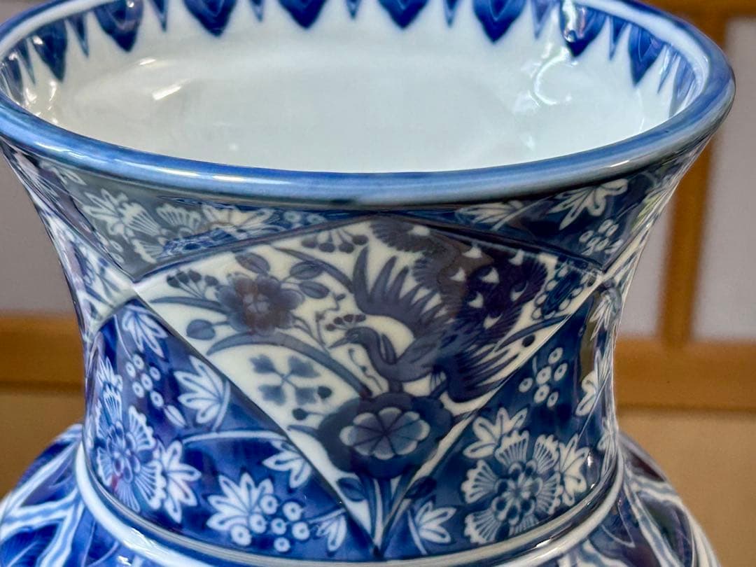 龍峯窯　 花風流　染付　花更紗　花鳥文　花瓶