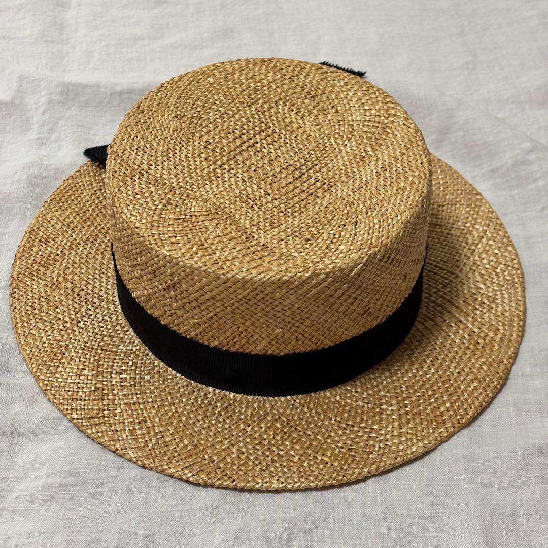カワムラ帽子店　カンカン帽　千草　麦わら帽子 黒リボン