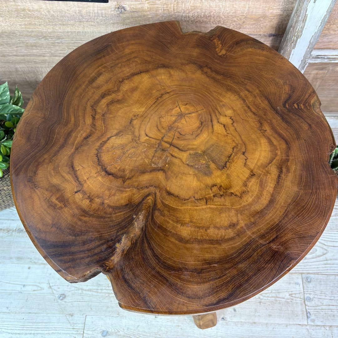 オールドチーク天然無垢材木製創作極太サイドテーブル L（直径55㎝）ウッド飾り台