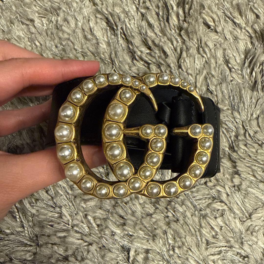 Gucci パール装飾 GGバックル ベルト 80/32