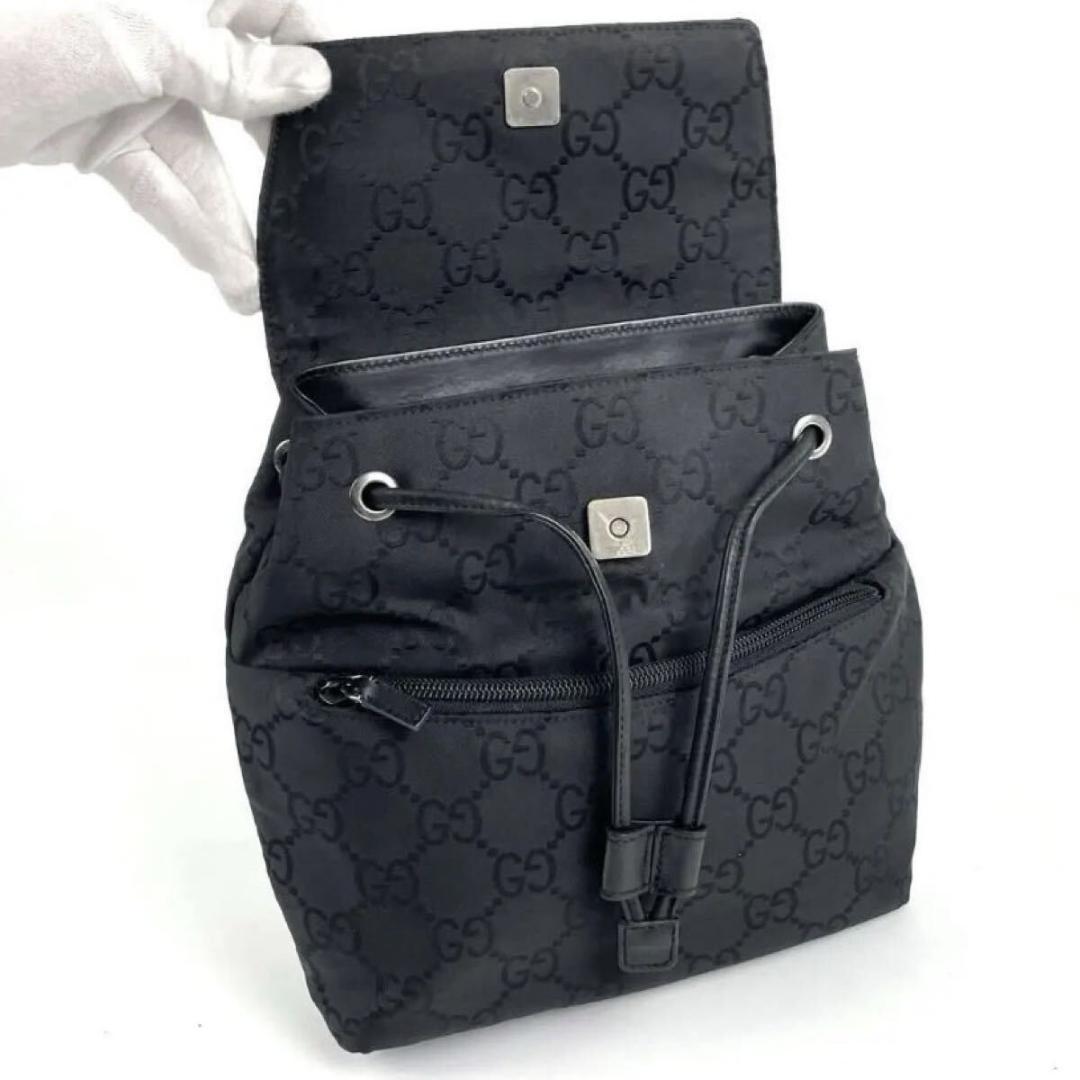 希少 極美品◆ GUCCI ◆リュック 巾着型 GGキャンバス ナイロン レザー