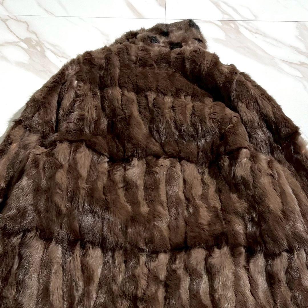 着丈約106cm✨ ロシアンリス ロングコート 本毛皮 デザイン入り ブラウン