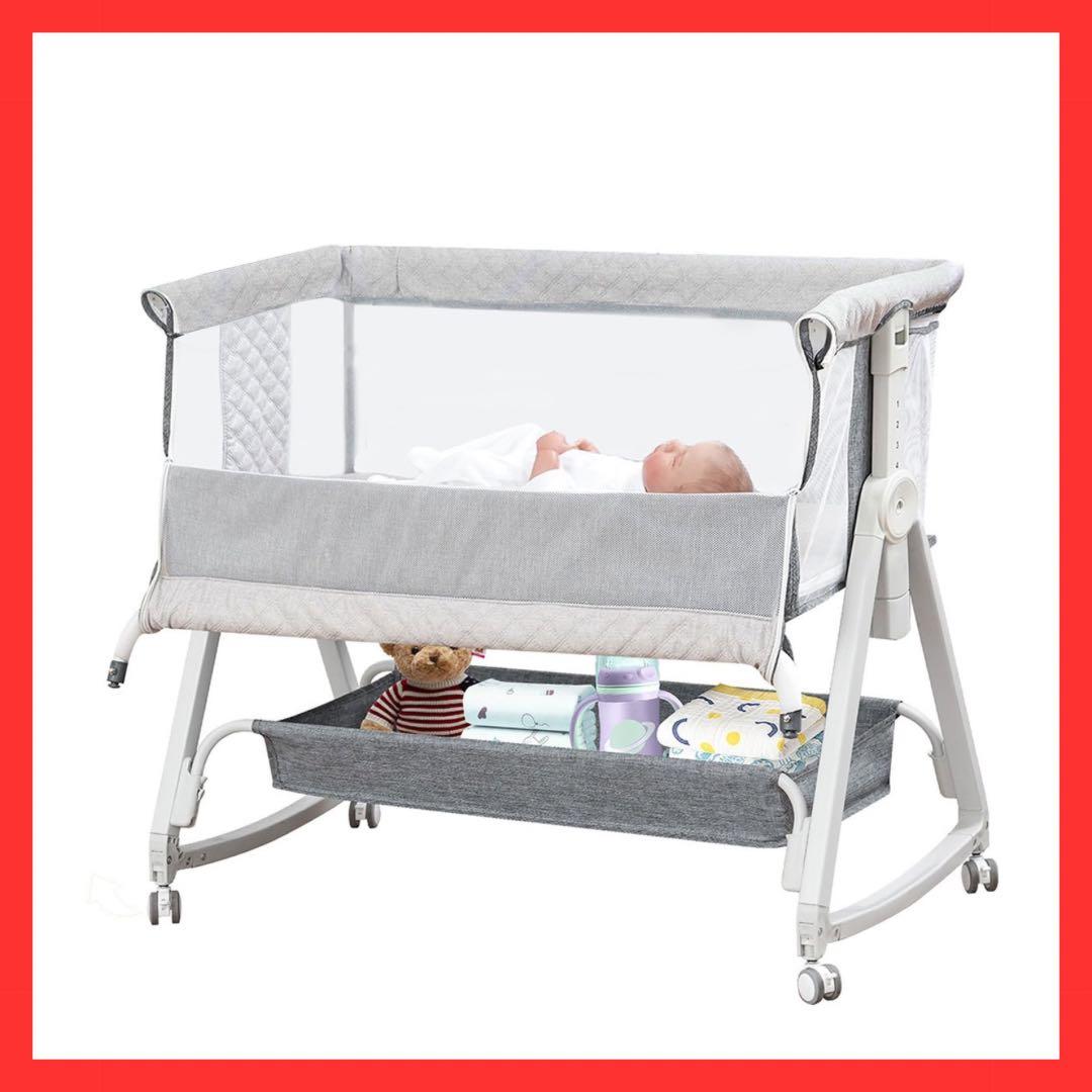 ベビーベッド 添い寝　グレー 乳児用　多機能 高さ6段階調節可能 キャスター付き
