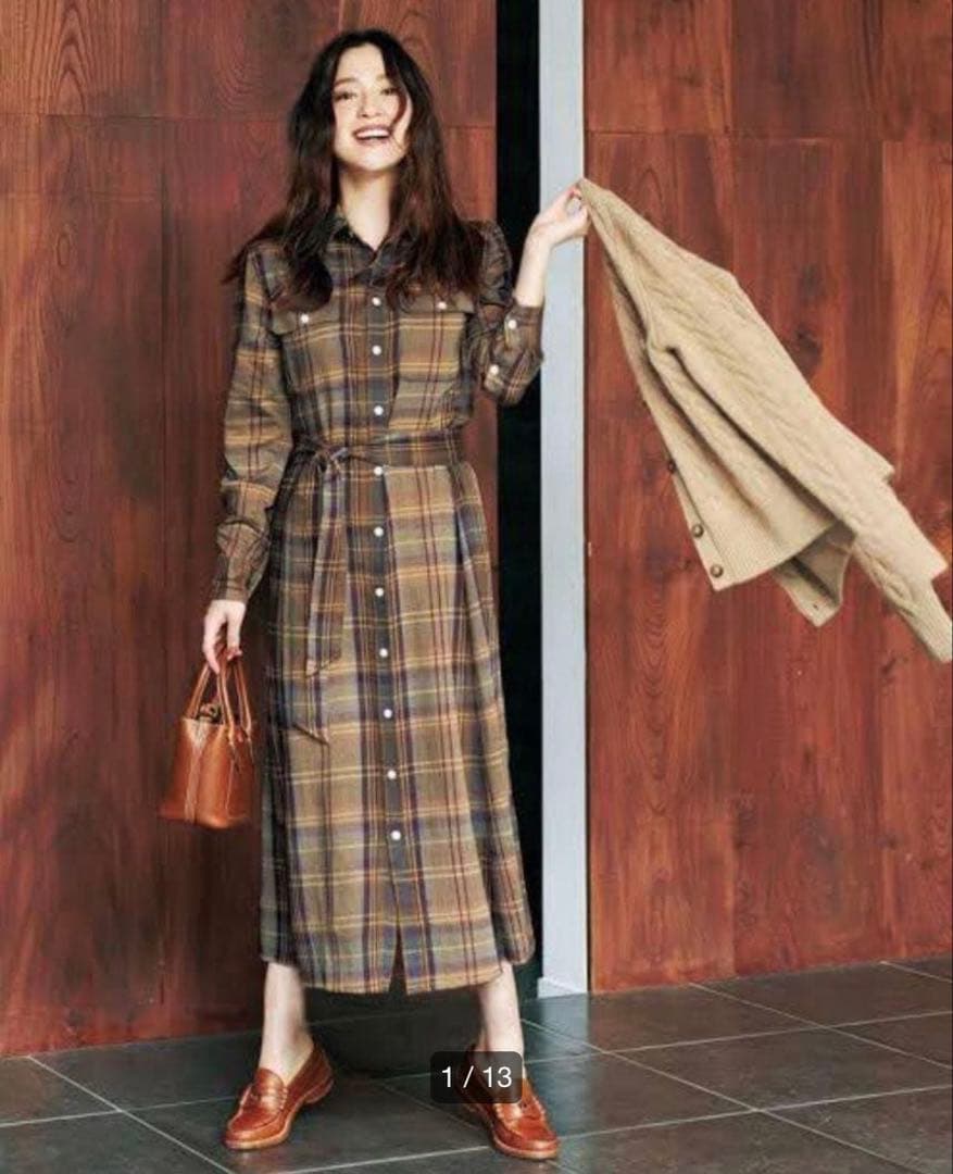 ラルフローレン チェック柄 ロングワンピース 共布ベルト付　中村アンさん着用