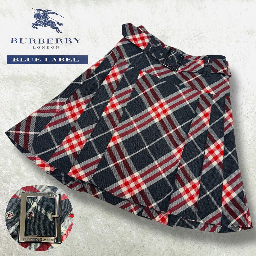 極美品 バーバリーブルーレーベル プリーツ スカート ロゴ刻印 ベルト チェック