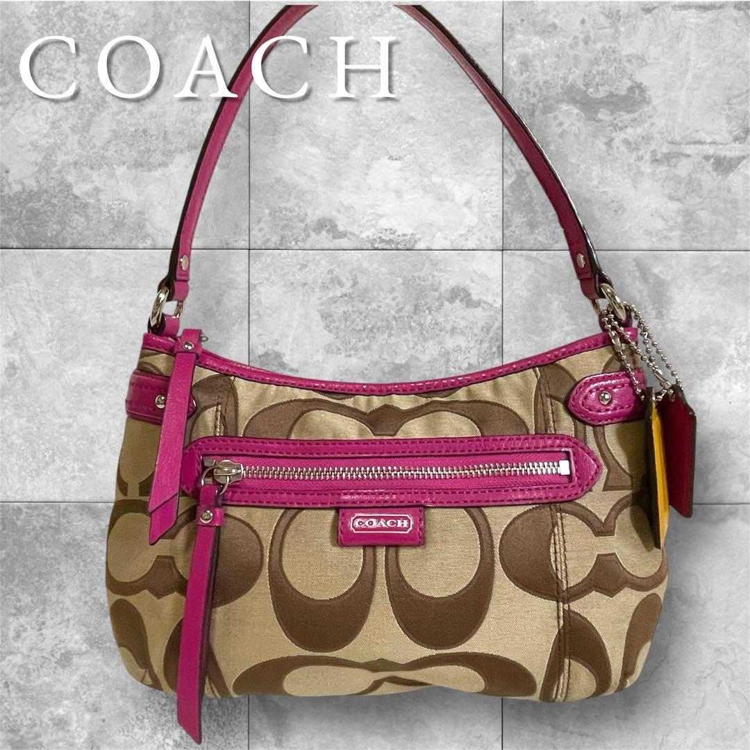 未使用級✨コーチ ワンショルダー バッグ シグネチャー ベージュ×ピンク
