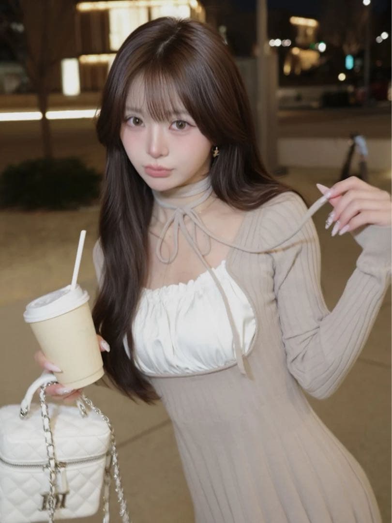 Darich ネックリボンデザインフレアニットミニワンピース　ベージュ