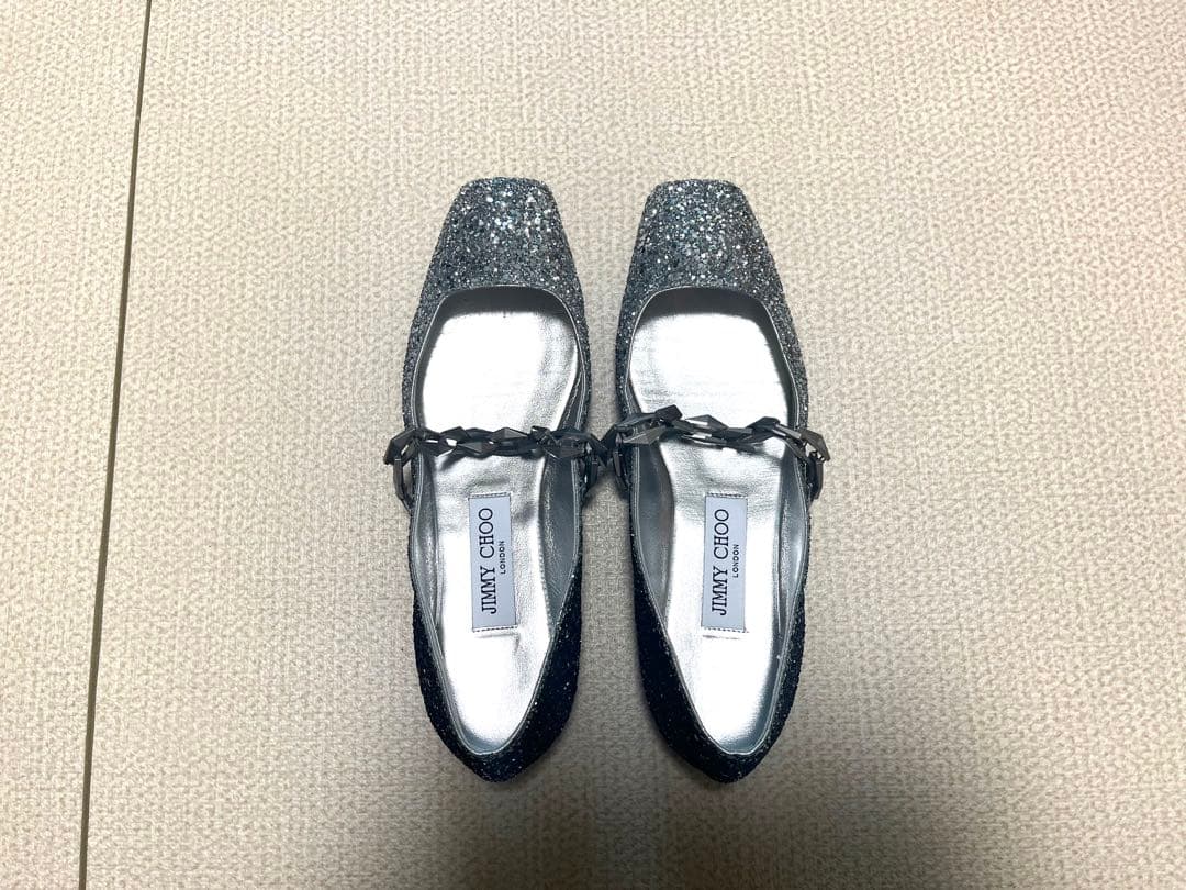 ジミーチュウ グリッター スクエアトゥ フラットパンプスシルバー×ブラック 37