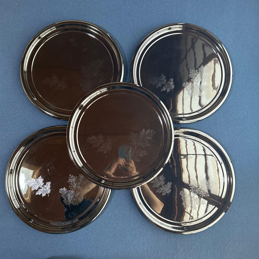 漆盆　懐石膳　丸盆　岡本漆専堂製　５客組