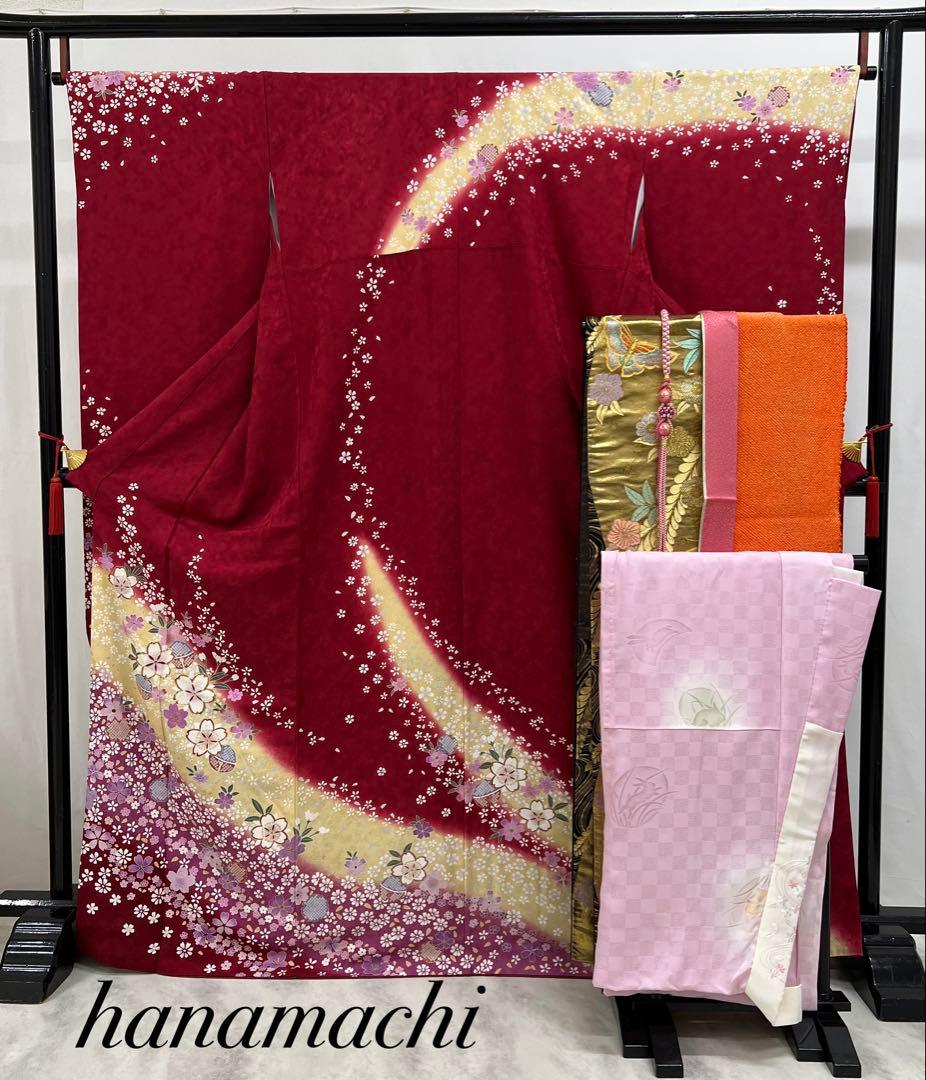 振り袖　フルセット　別誂長襦袢付　成人式　赤　桜　金彩加工　刺繍入り　686