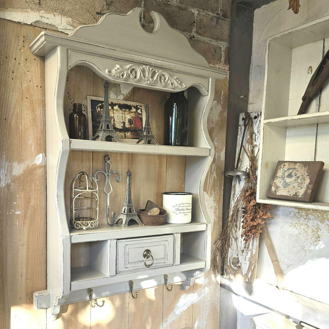 フレンチアンティークシャビー壁掛けシェルフ　ワイド450モール ベージュ