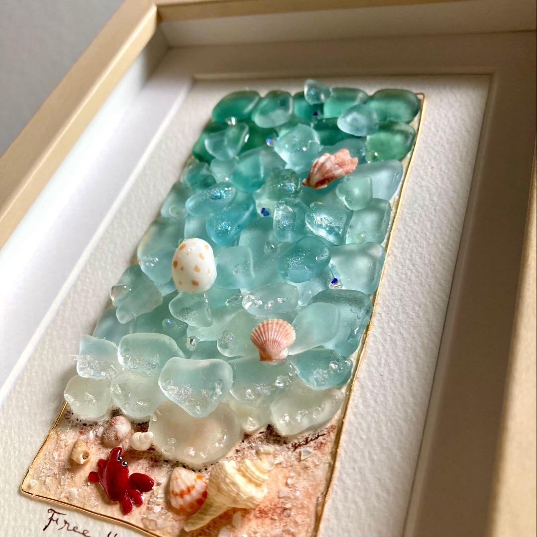 海の詩　シーグラス／天然石／フレームアート／夏／ブルー／貝殻