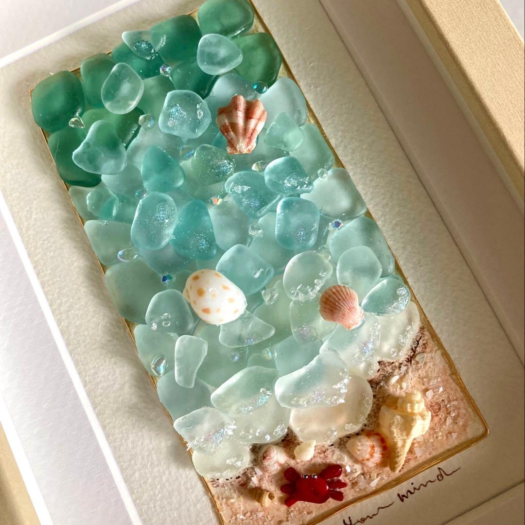 海の詩　シーグラス／天然石／フレームアート／夏／ブルー／貝殻