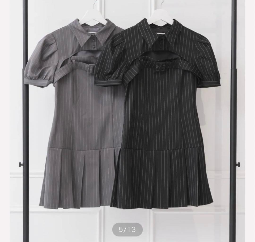 pium　ベルトストライプワンピース　チャコール