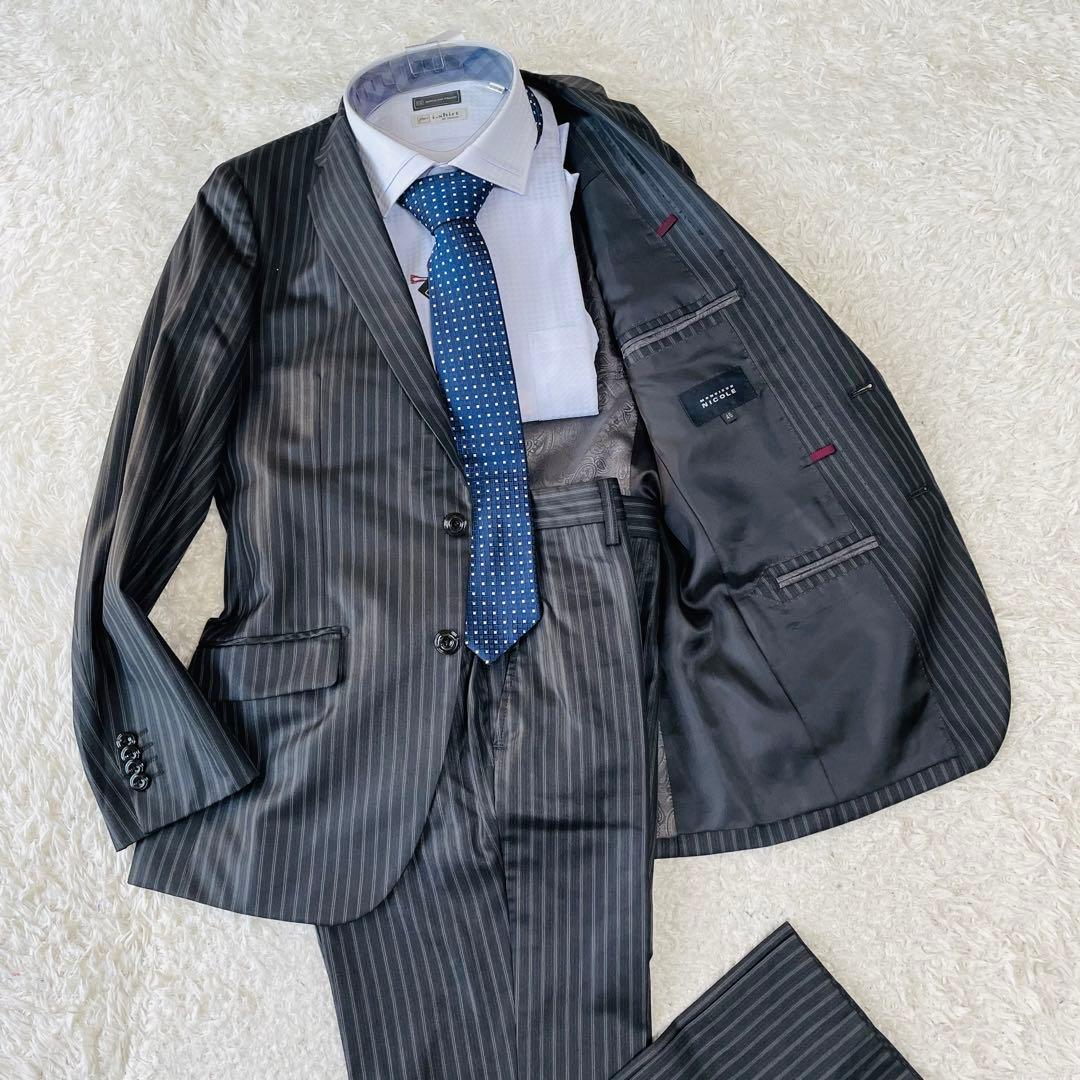 美品◆ムッシュニコル　スーツ　セットアップ　光沢　裏地ペイズリー　ストライプ46