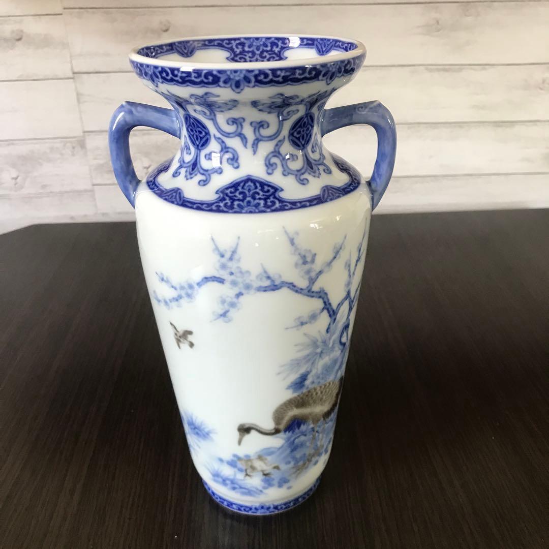 青白陶器 花瓶 鶴柄　香蘭社