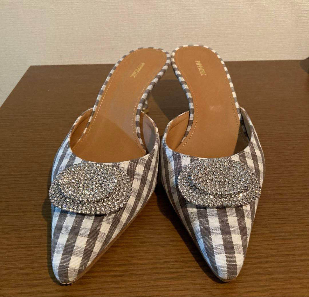 ピッピシック　24.5cm ビジュー付きギンガムチェックミュール