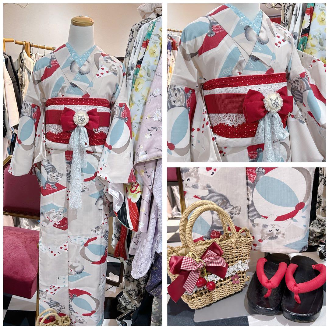ふりふ猫柄浴衣・帯セット