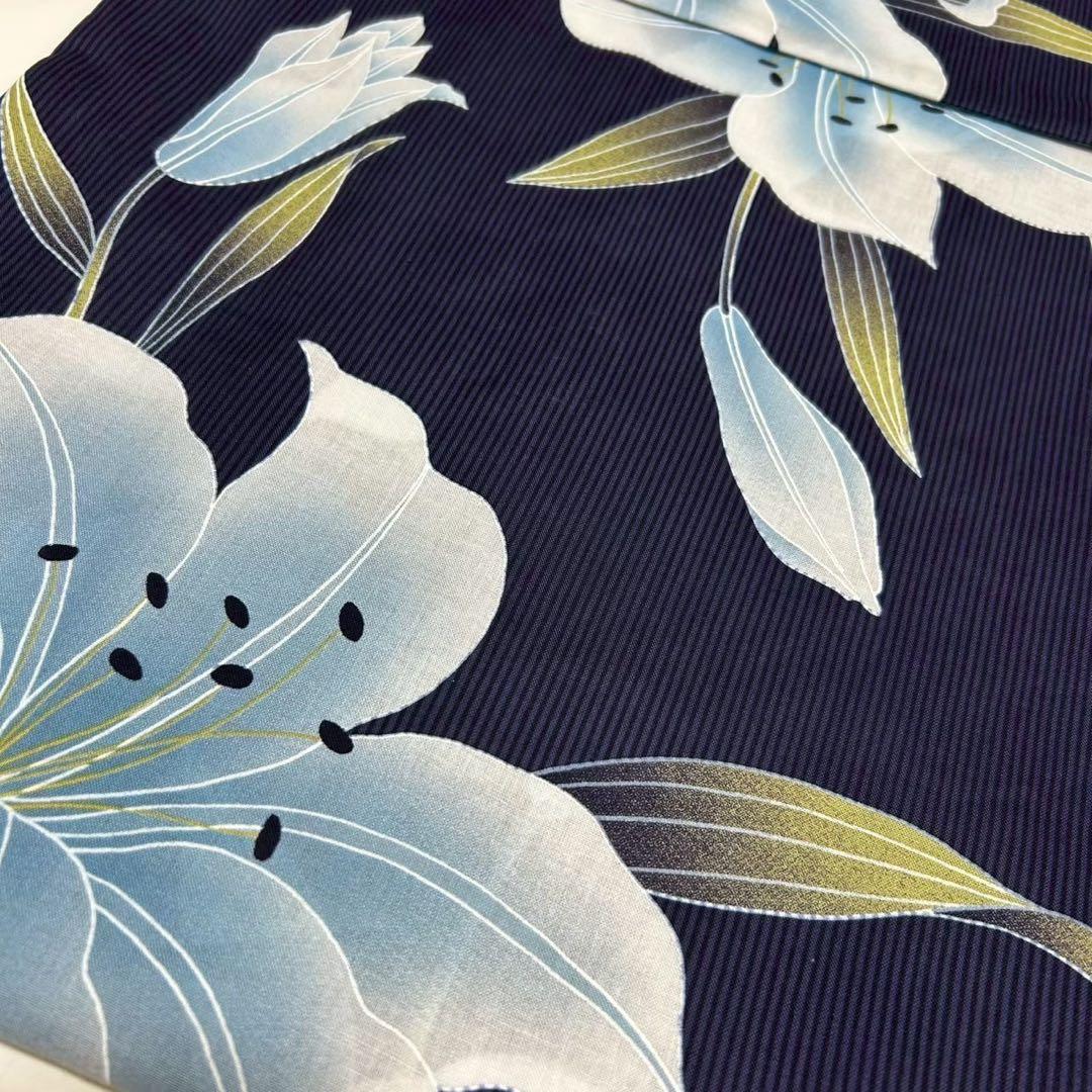 浴衣　大きめサイズ　浴衣 3L 百合　濃紺　帯　2点　新品　未使用　0704⑩