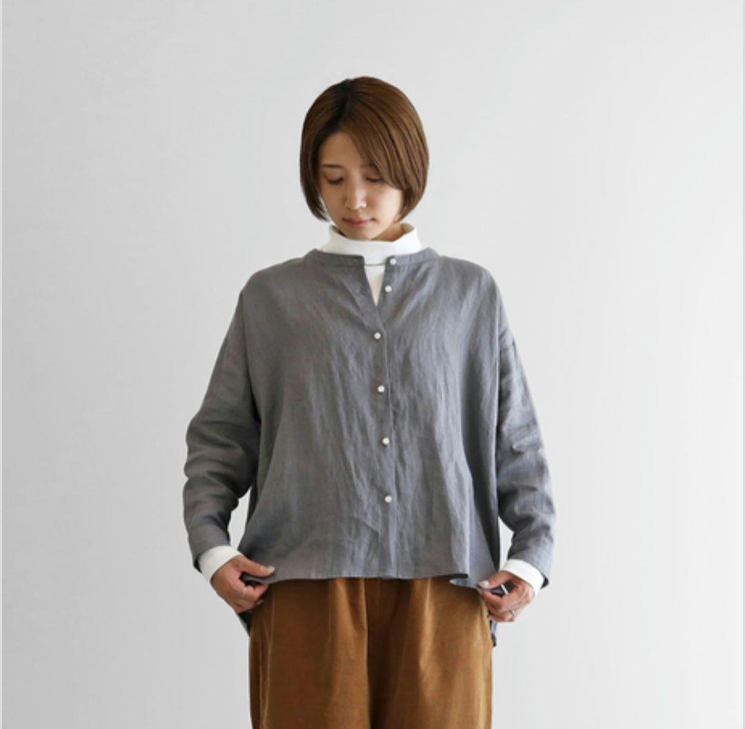 HUIS 遠州織物 U104　シャトルリネンバンドカラーワイドブラウス ブラック