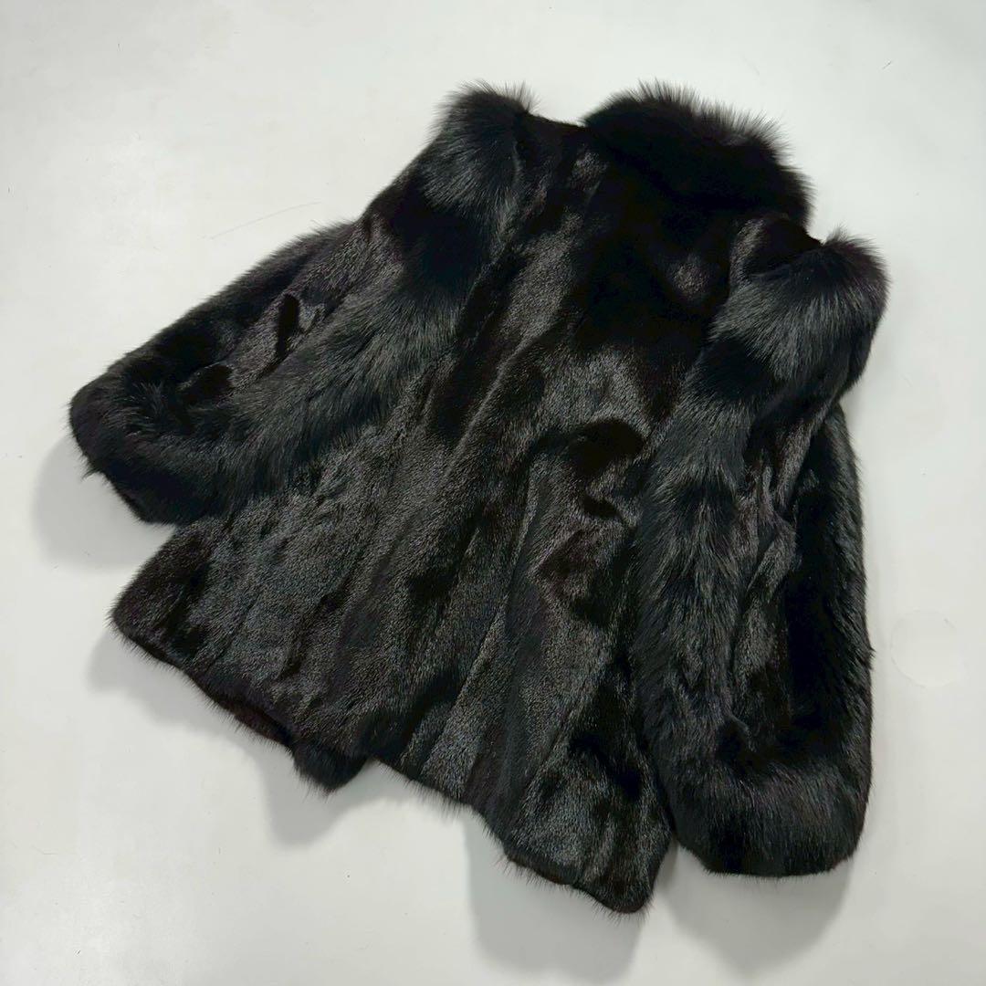 ボリューム◎SAGA FOX ファーコート フォックス×ミンク 毛皮 黒　銀サガ