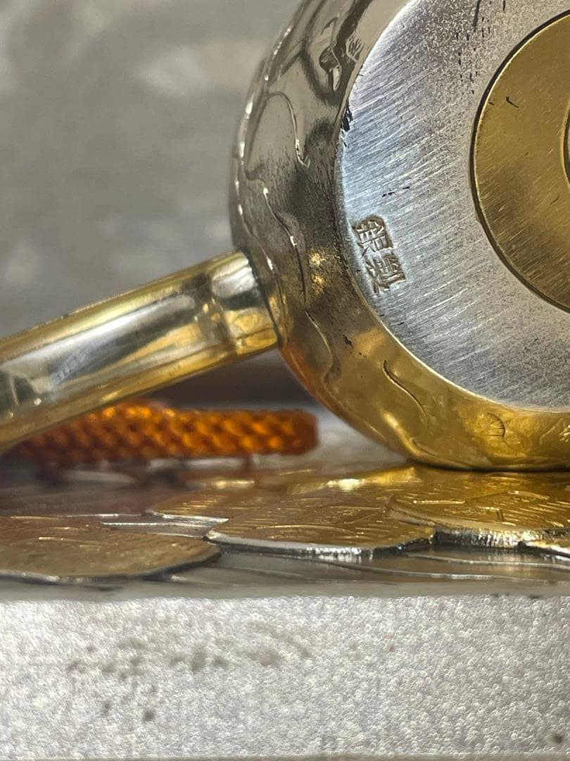 銀製 　置物　長幸斎作　小判古槌　縁起物　商売繁盛　ガラスケース入り