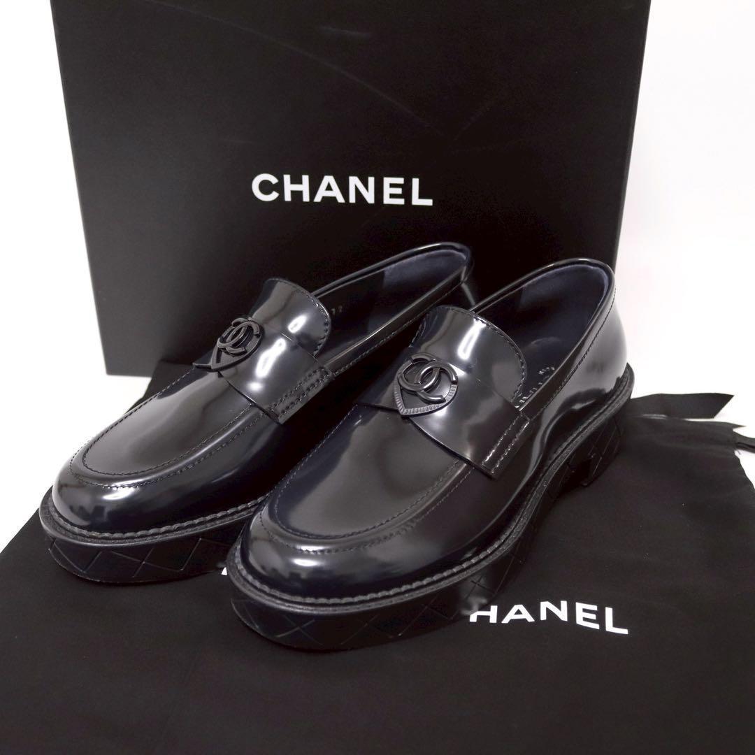 【極美品】シャネル G46072 24K ローファー 革靴 ネイビー 37C