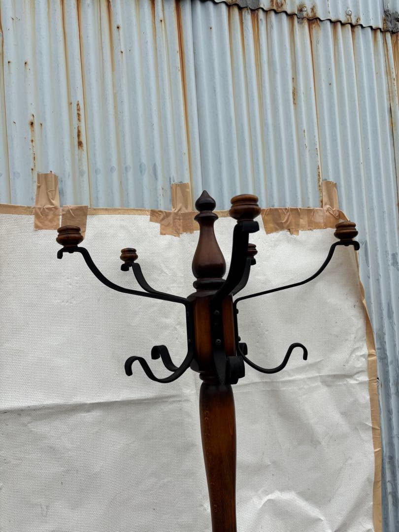 アンティーク なカリモク コロニアル　ポールハンガー　傘立て付き木製6フック