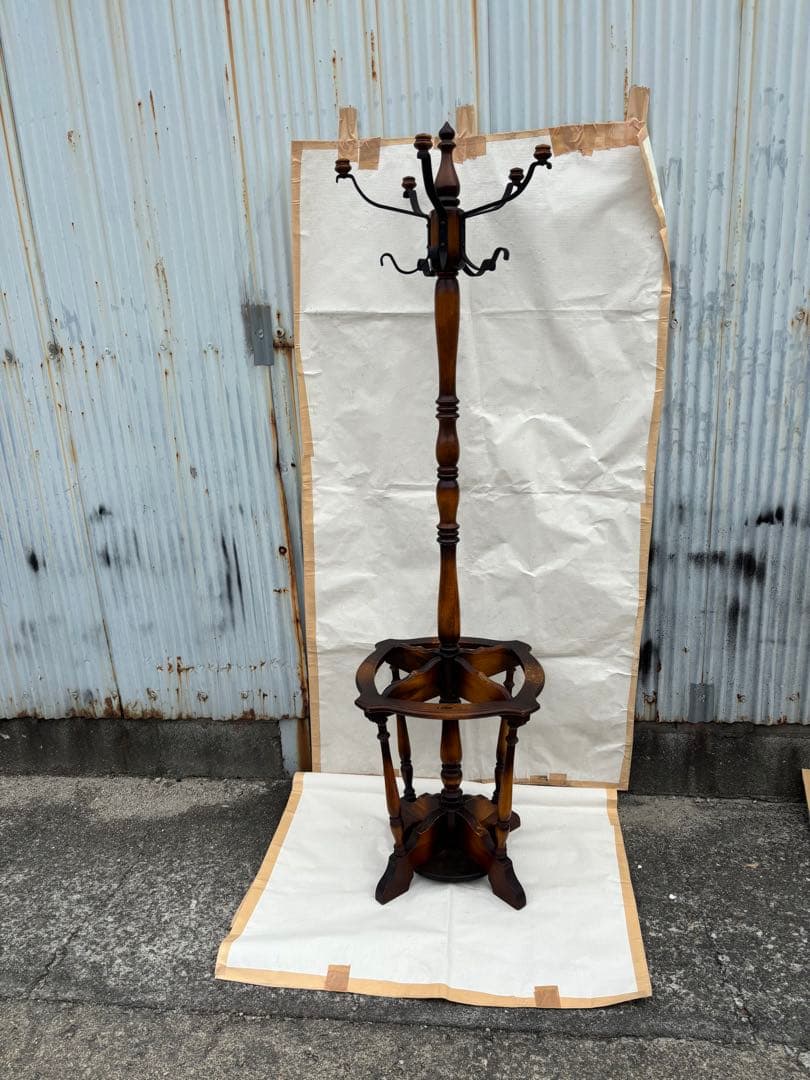 アンティーク なカリモク コロニアル　ポールハンガー　傘立て付き木製6フック