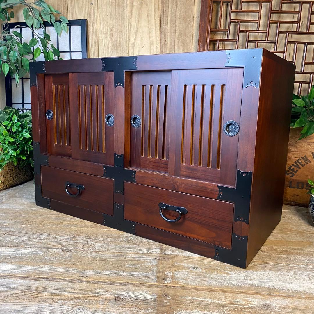 民芸家具木製桐材天然無垢和水屋タンス L和室和風インテリア収納和箪笥飾り棚木製