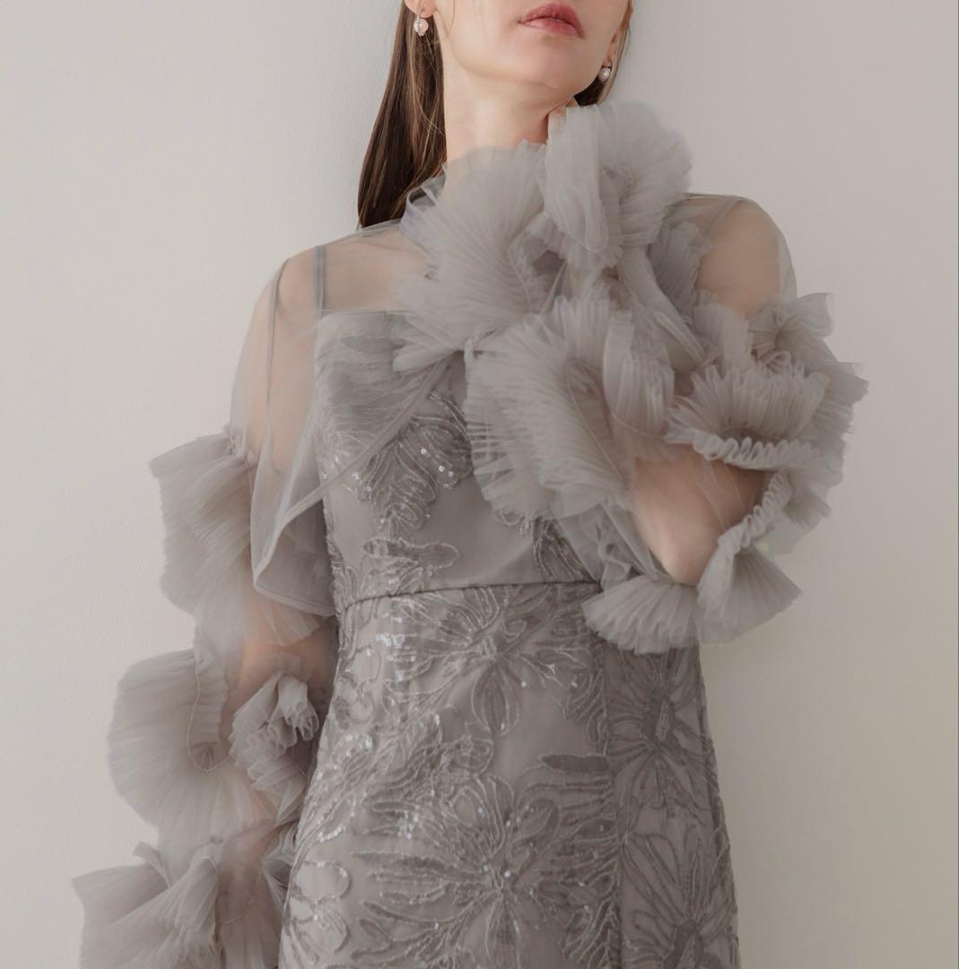 【LEJA】フリルチュールスリーブリボンワンピースドレス2点セット オケージョン