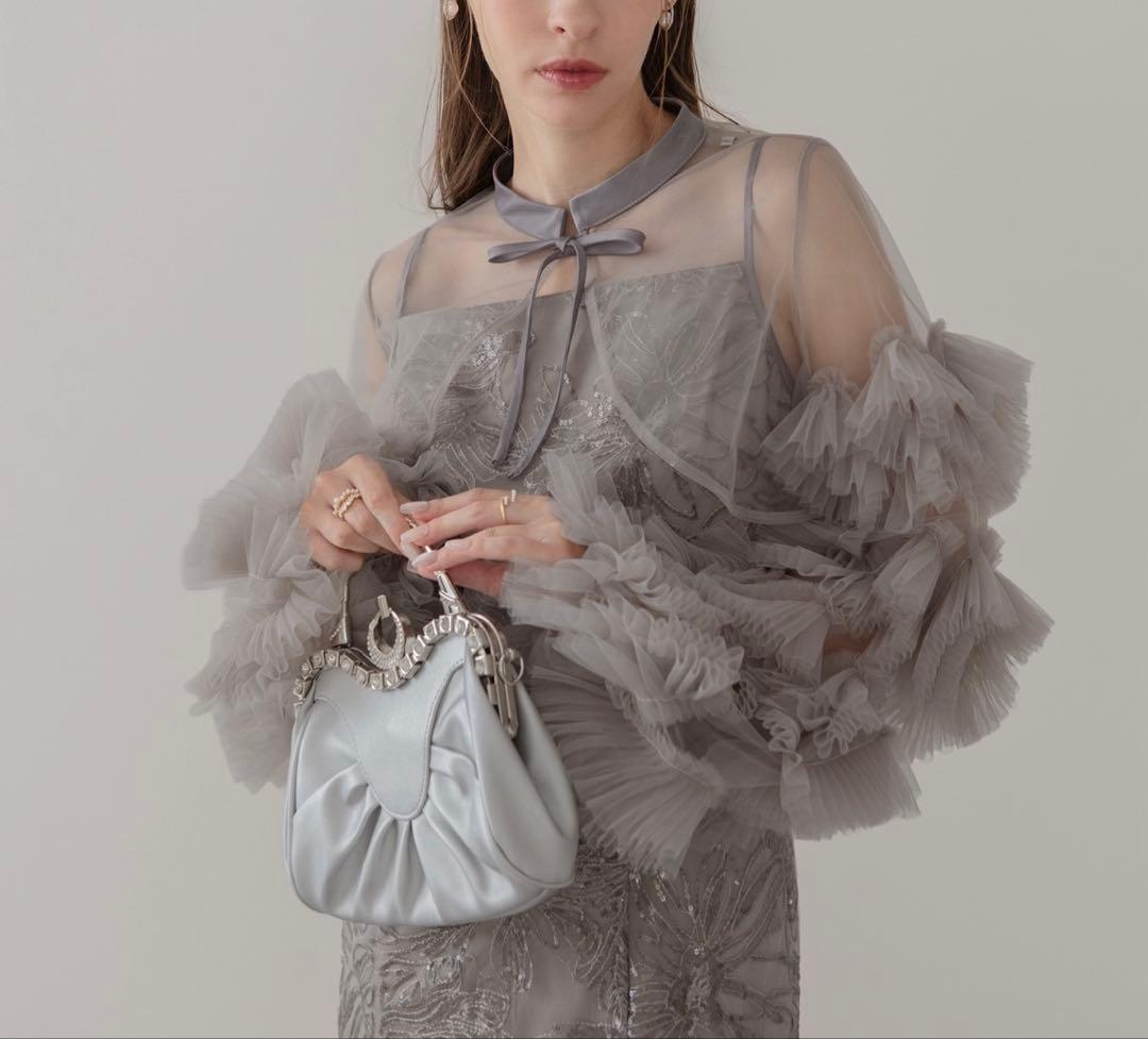 【LEJA】フリルチュールスリーブリボンワンピースドレス2点セット オケージョン