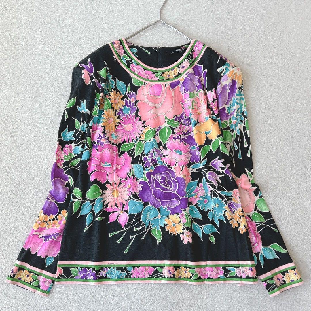 美品✨LEONALD　ブラウス　長袖　ウール×シルク　花柄　トリム　黒　M