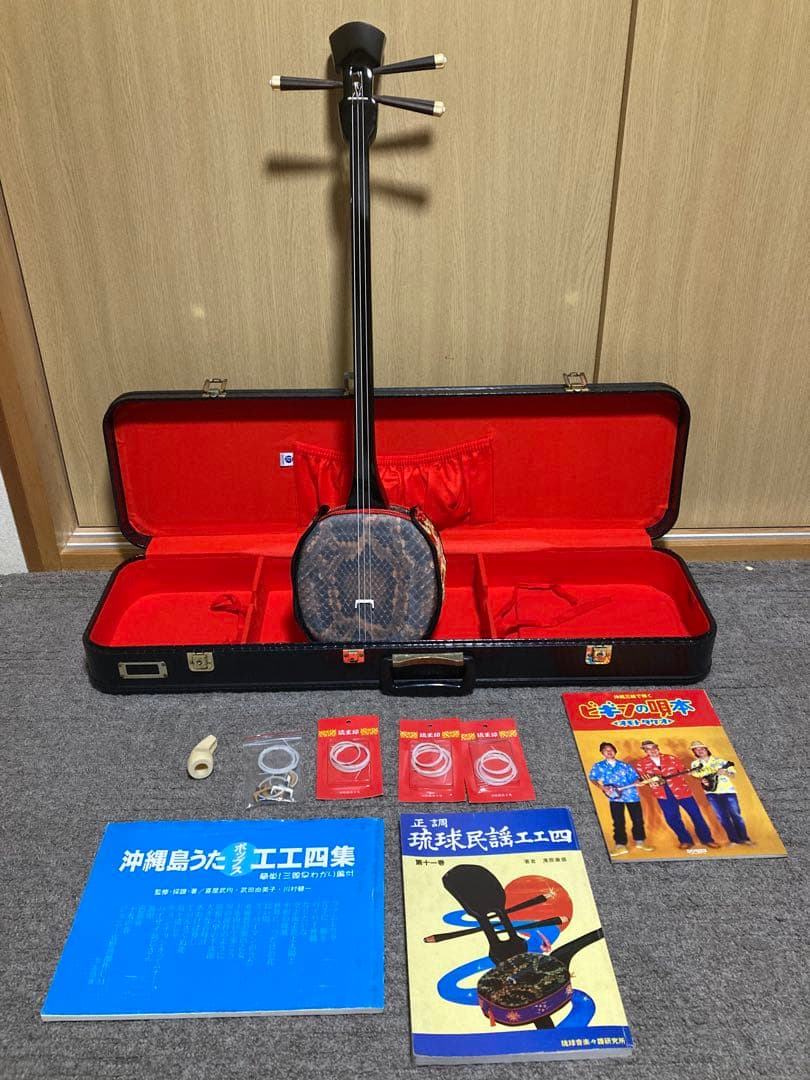 沖縄三線 人工皮 蛇柄 ハードケース 教本付