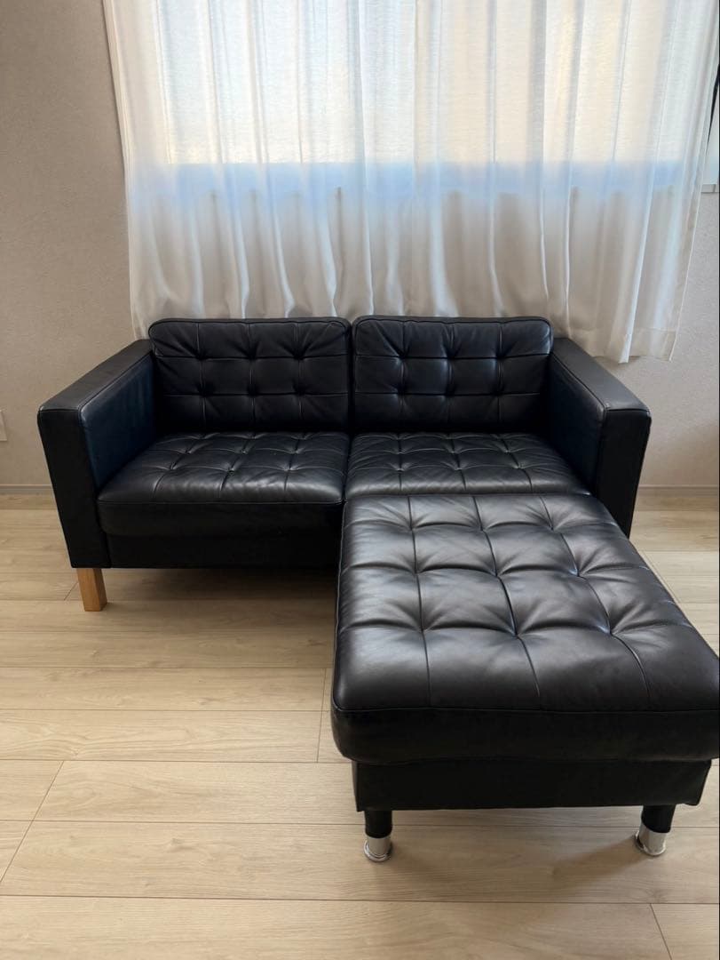 IKEA イケア LANDSKRONA 黒合成皮革 カウチソファ オットマン付き