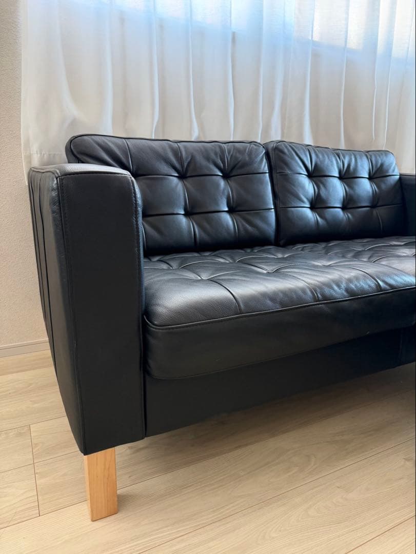 IKEA イケア LANDSKRONA 黒合成皮革 カウチソファ オットマン付き