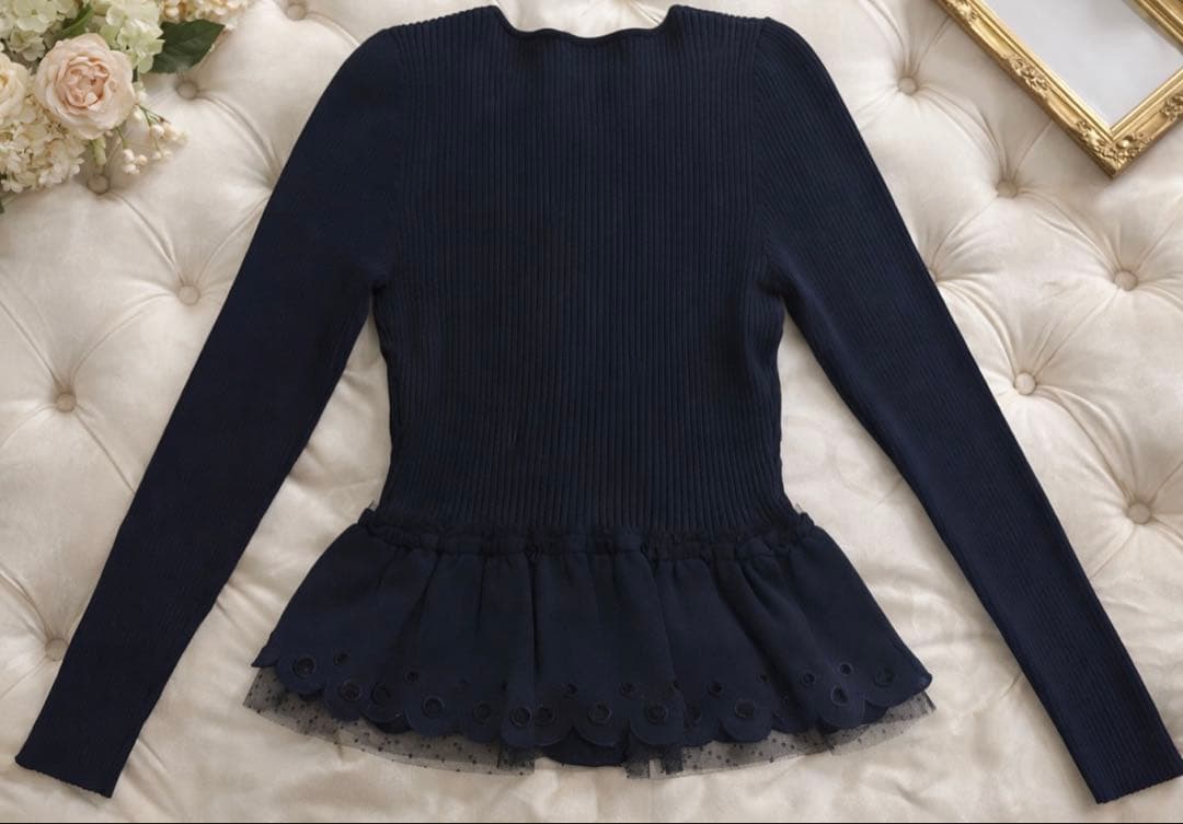 ★美品*M'S GRACY リボン刺繍ペプラムニットカーディガン