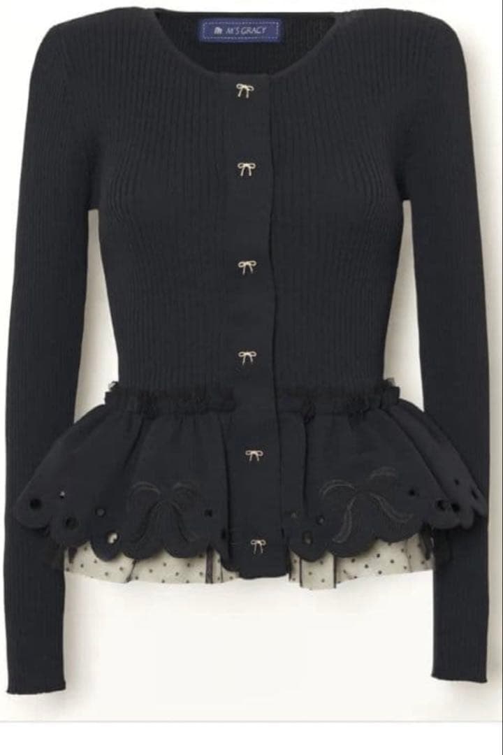★美品*M'S GRACY リボン刺繍ペプラムニットカーディガン