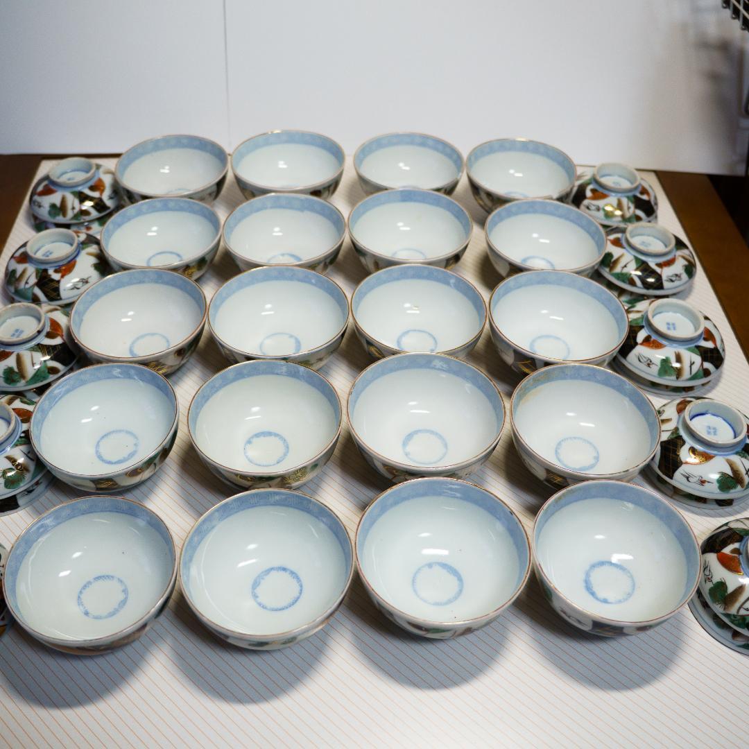 古伊万里　茶漬碗　茶碗　蓋付　金彩色絵　20客　木箱付　江戸～明治