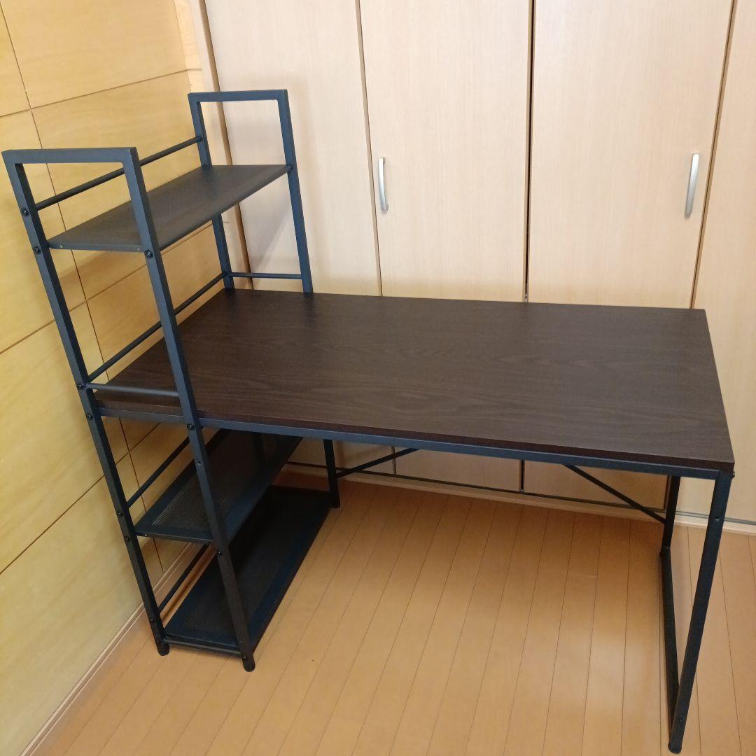 ダークブラウン パソコンデスク 3段オープンシェルフ付き