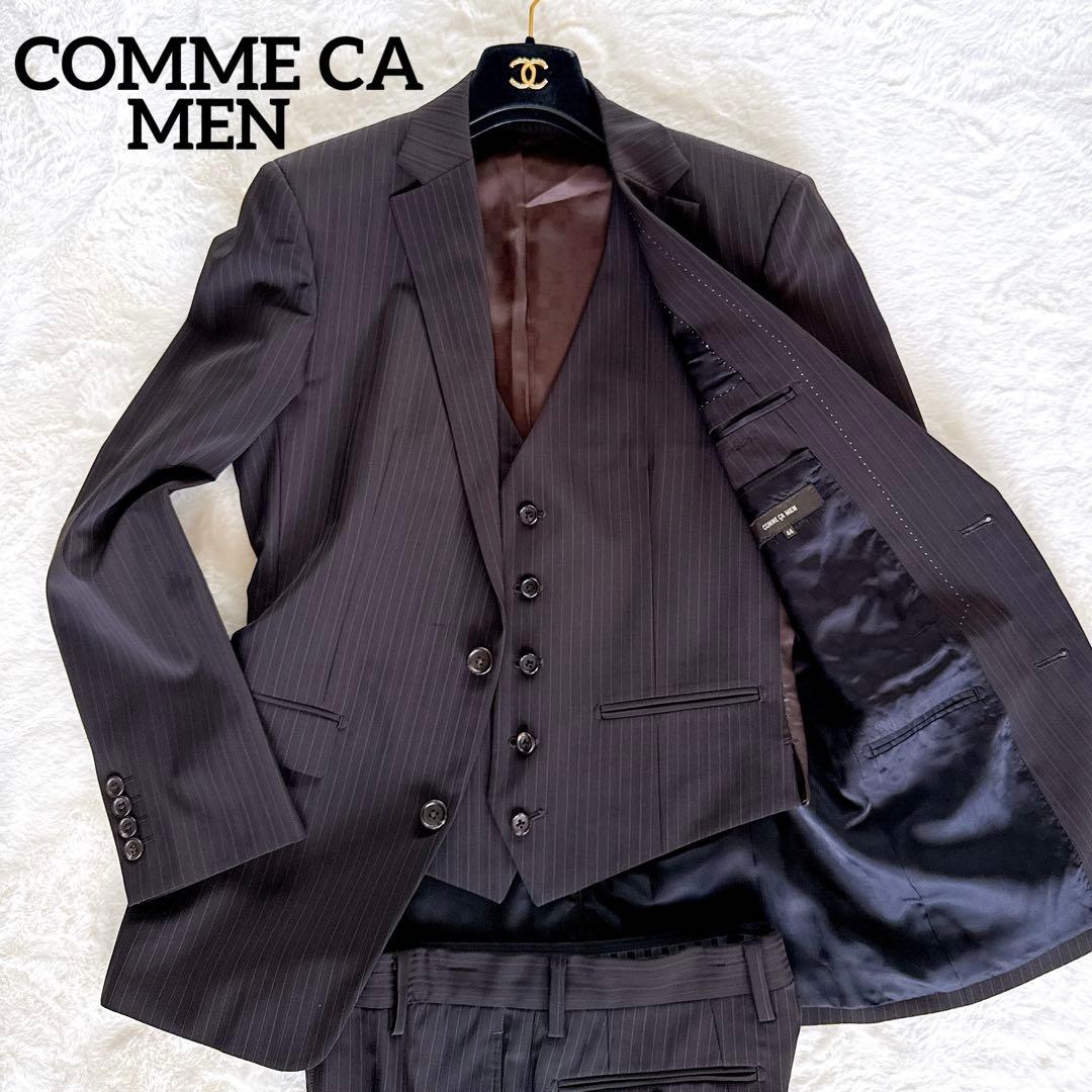 【COMME CA MEN】スーツ 3ピース ブラウン ストライプ 44サイズ