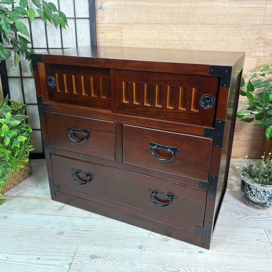 訳あり品！【104】民芸木製桐材天然無垢和箪笥引き戸付き収納家具和タンス飾り棚