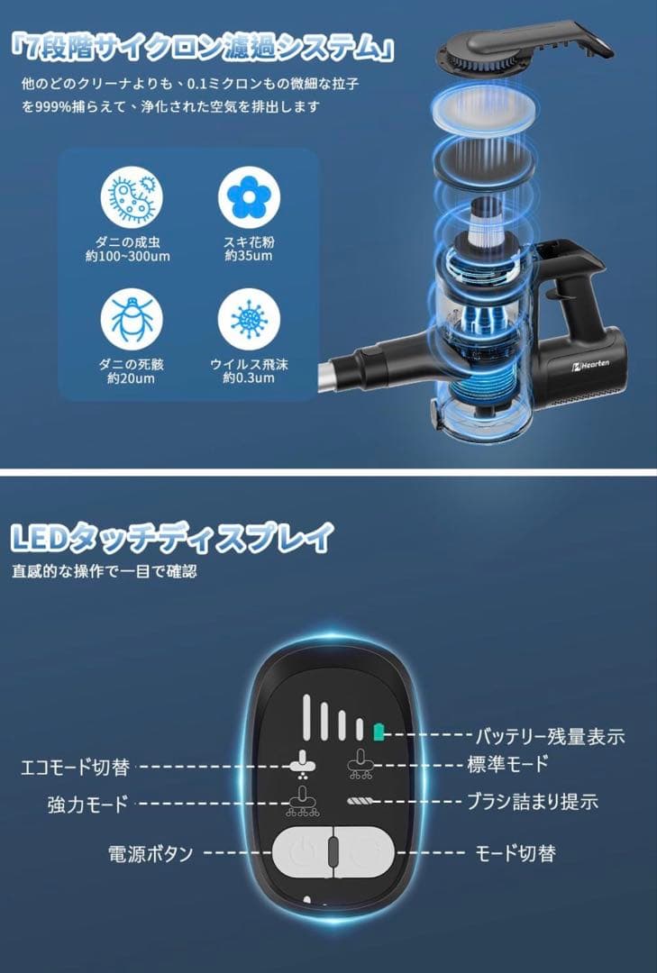コードレス掃除機 55,000Pa強力吸引自立式LEDサイクロン ハンディ対応
