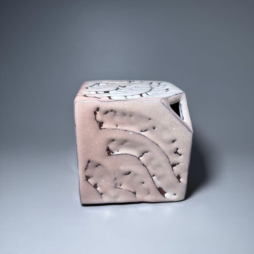 萩焼　陶芸作家　大谷雅彦　白萩　四方花入　共箱　栞　未使用品保管　三輪栄造　師事