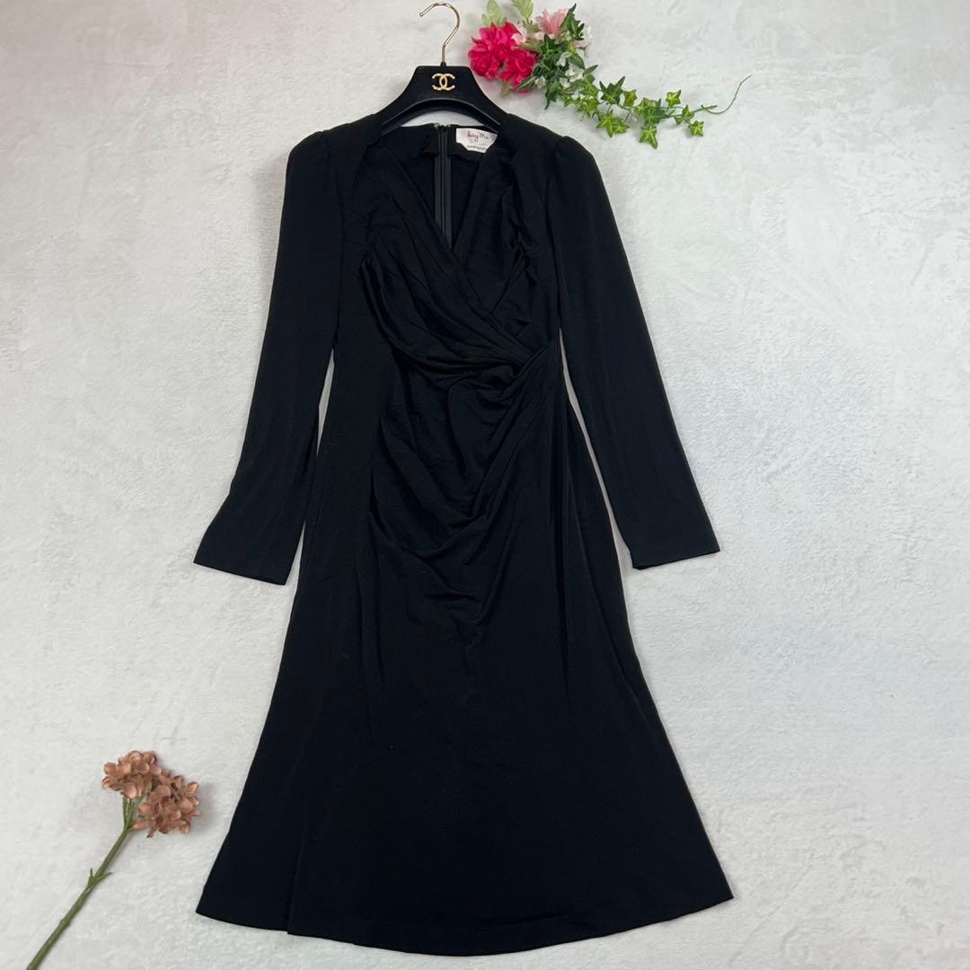 K925 M ケイミー ストレッチ 長袖 ひざ丈ワンピース ブラック レディース