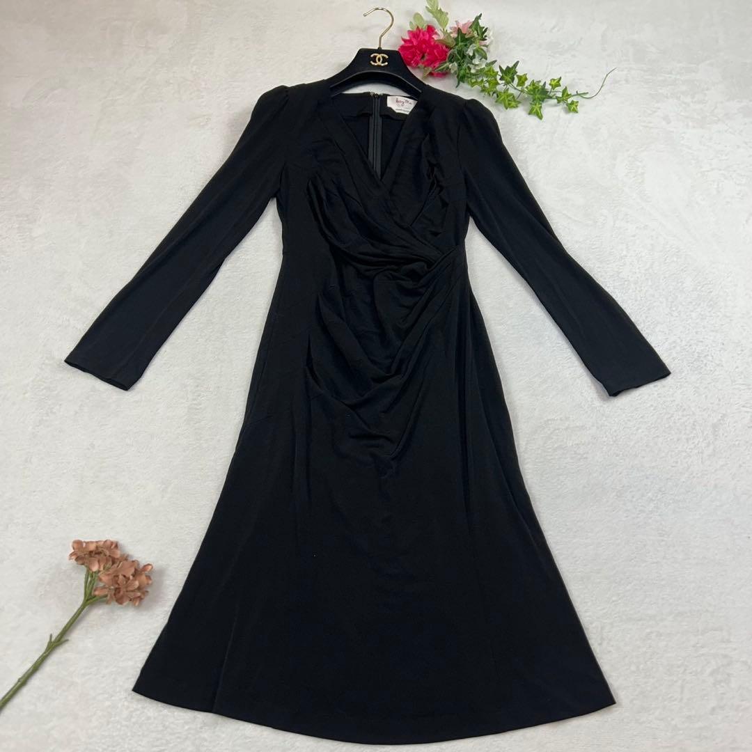 K925 M ケイミー ストレッチ 長袖 ひざ丈ワンピース ブラック レディース