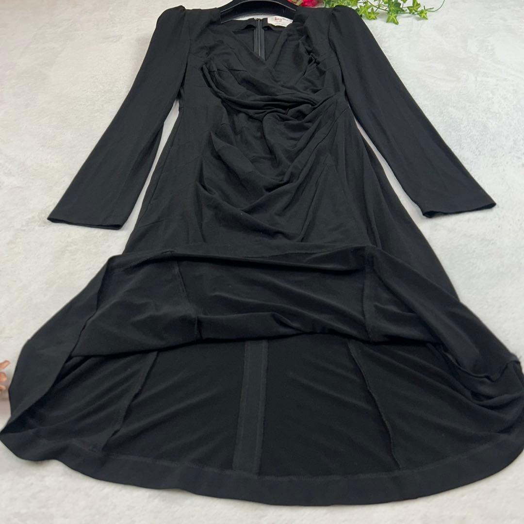 K925 M ケイミー ストレッチ 長袖 ひざ丈ワンピース ブラック レディース