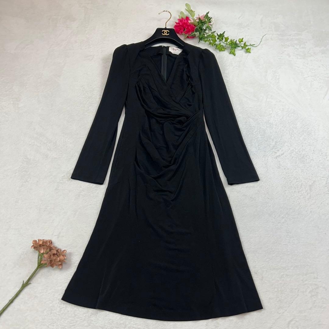 K925 M ケイミー ストレッチ 長袖 ひざ丈ワンピース ブラック レディース